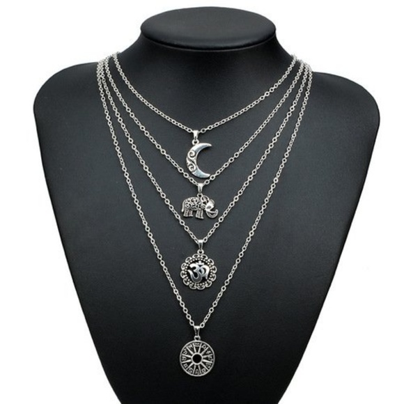 Jewelry - Boho Multi Chain Layer Pendant Necklace Elephant Moon Silver Tone